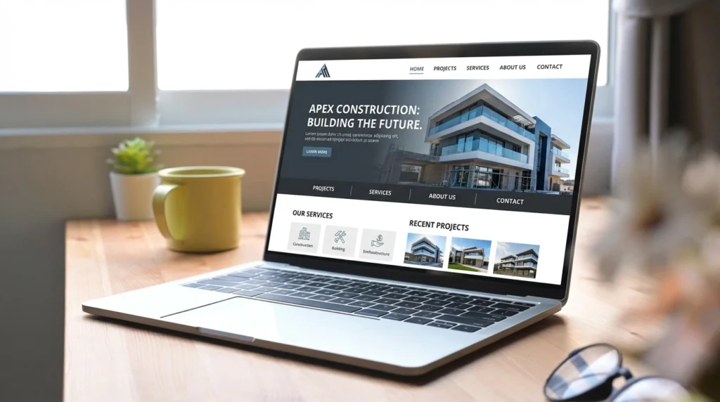 Construction company homepage with CTAs displayed on laptop screen