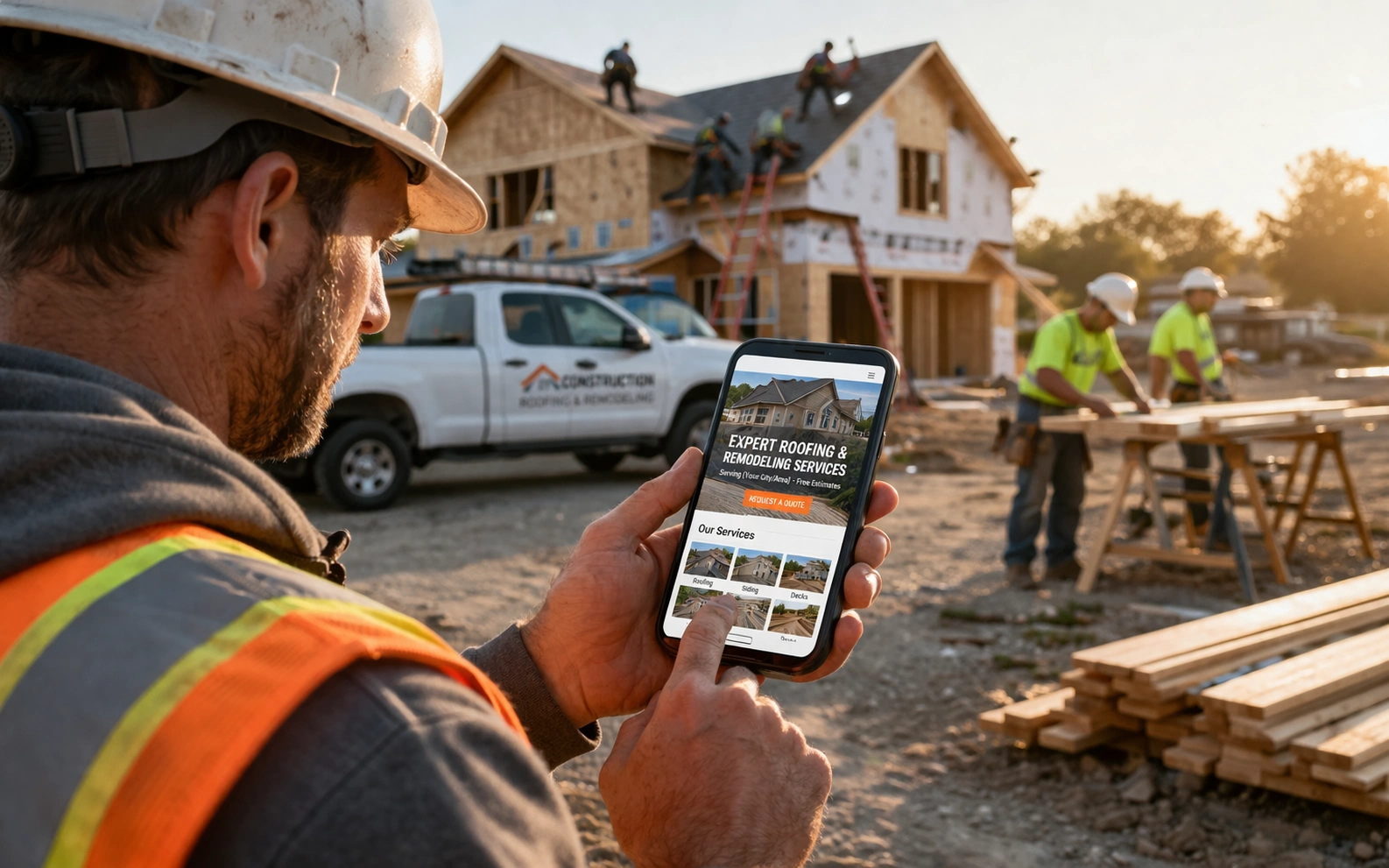 Contractor viewing roofing website on mobile site