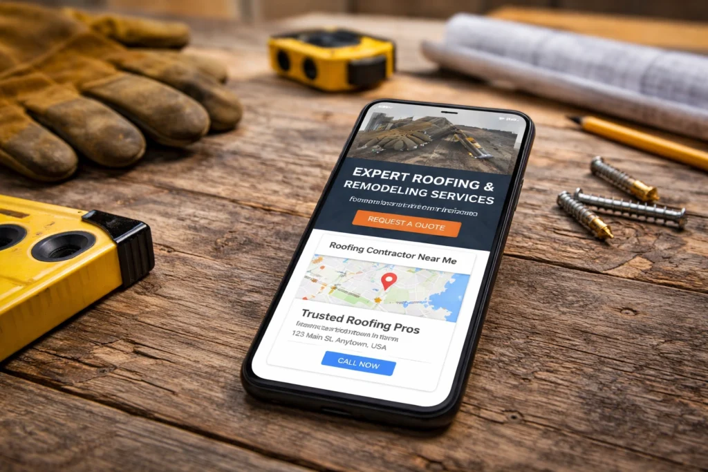 Mobile roofing services landing page on smartphone