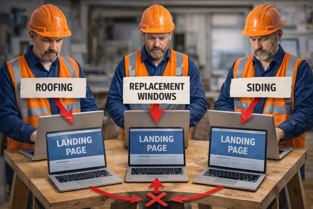 Contractors reviewing roofing, siding landing pages