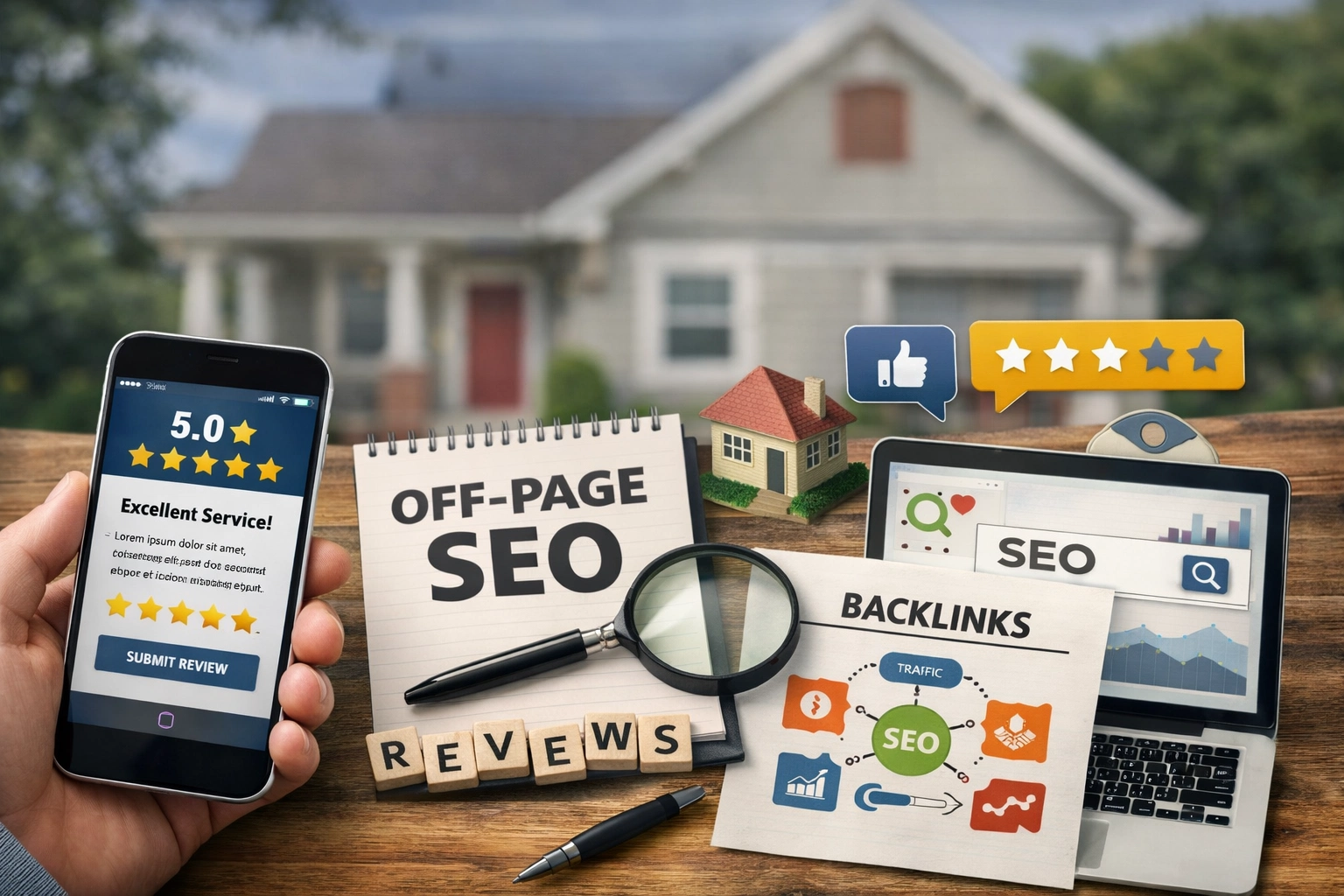 Off-page SEO strategy with reviews and backlinks visual
