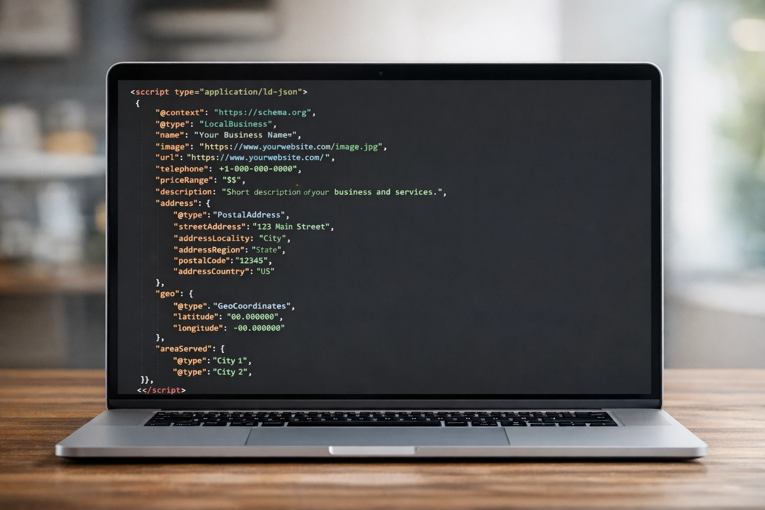 JSON-LD schema markup displayed on laptop screen