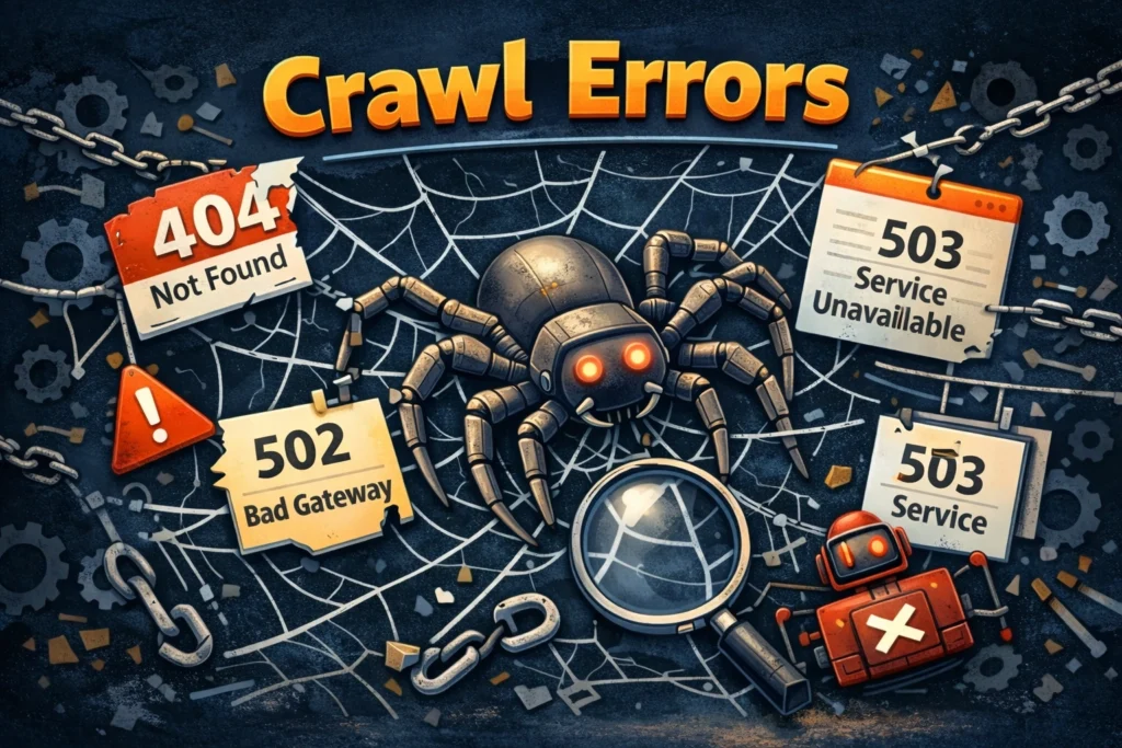 Crawl errors graphic with 404 and 503 warning signs