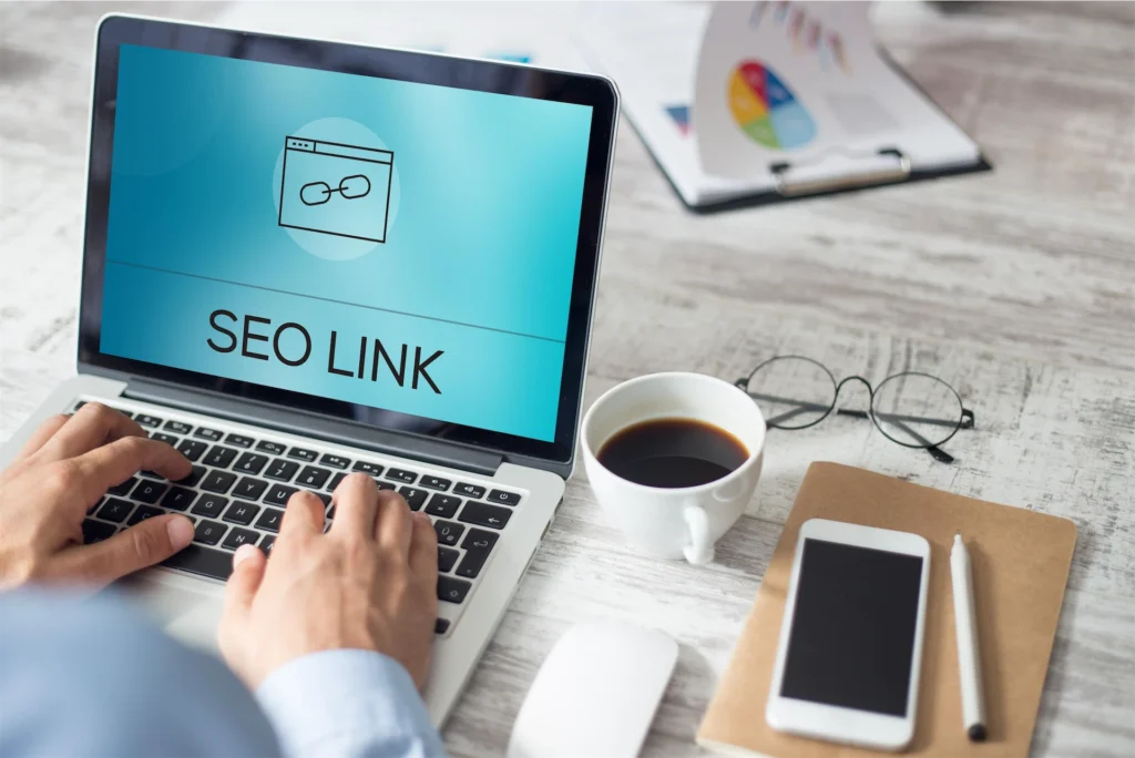 Laptop screen showing SEO link building concept