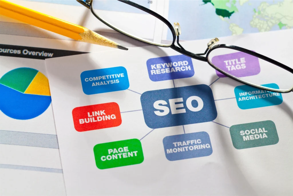 SEO strategy chart with keywords and link building