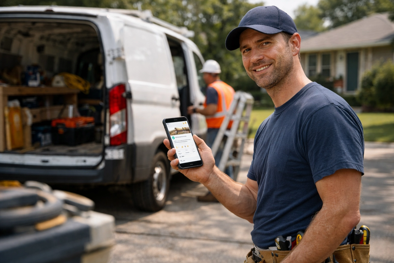 Contractor showing his optimized Google business profile beside service van onsite