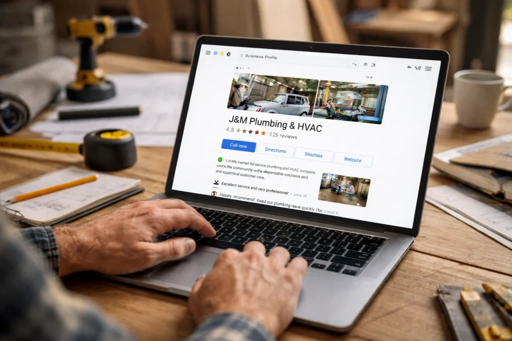 Laptop showing Google Business Profile for HVAC company