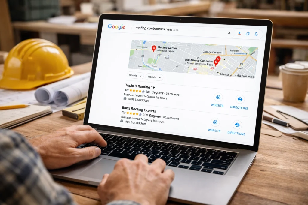 Laptop displaying Google map pack results for contractors