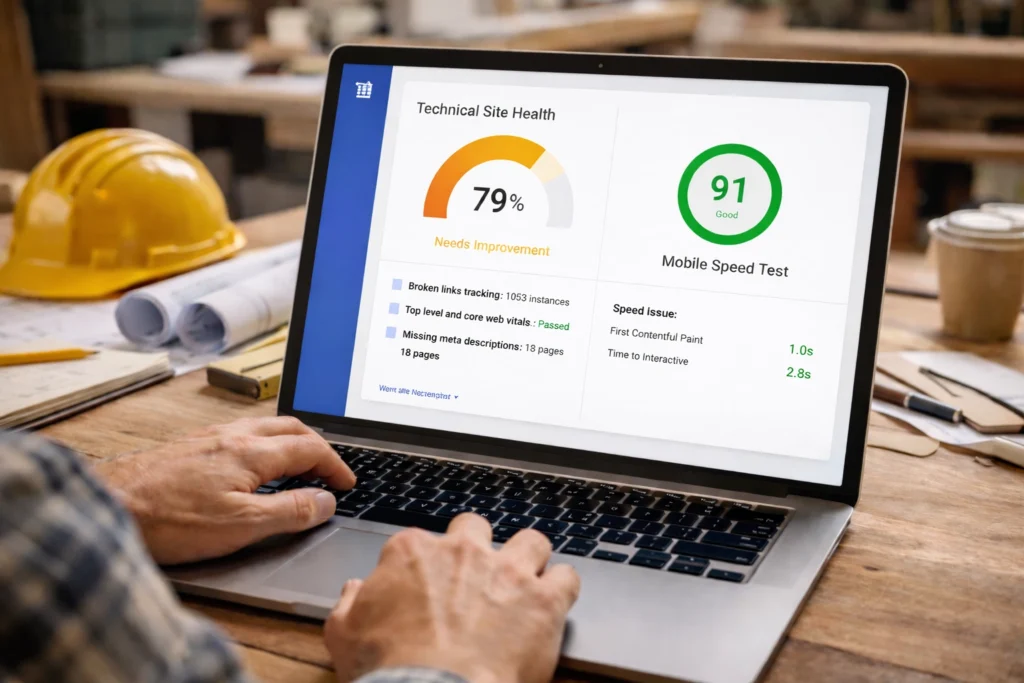 Laptop displaying technical site health and mobile speed test