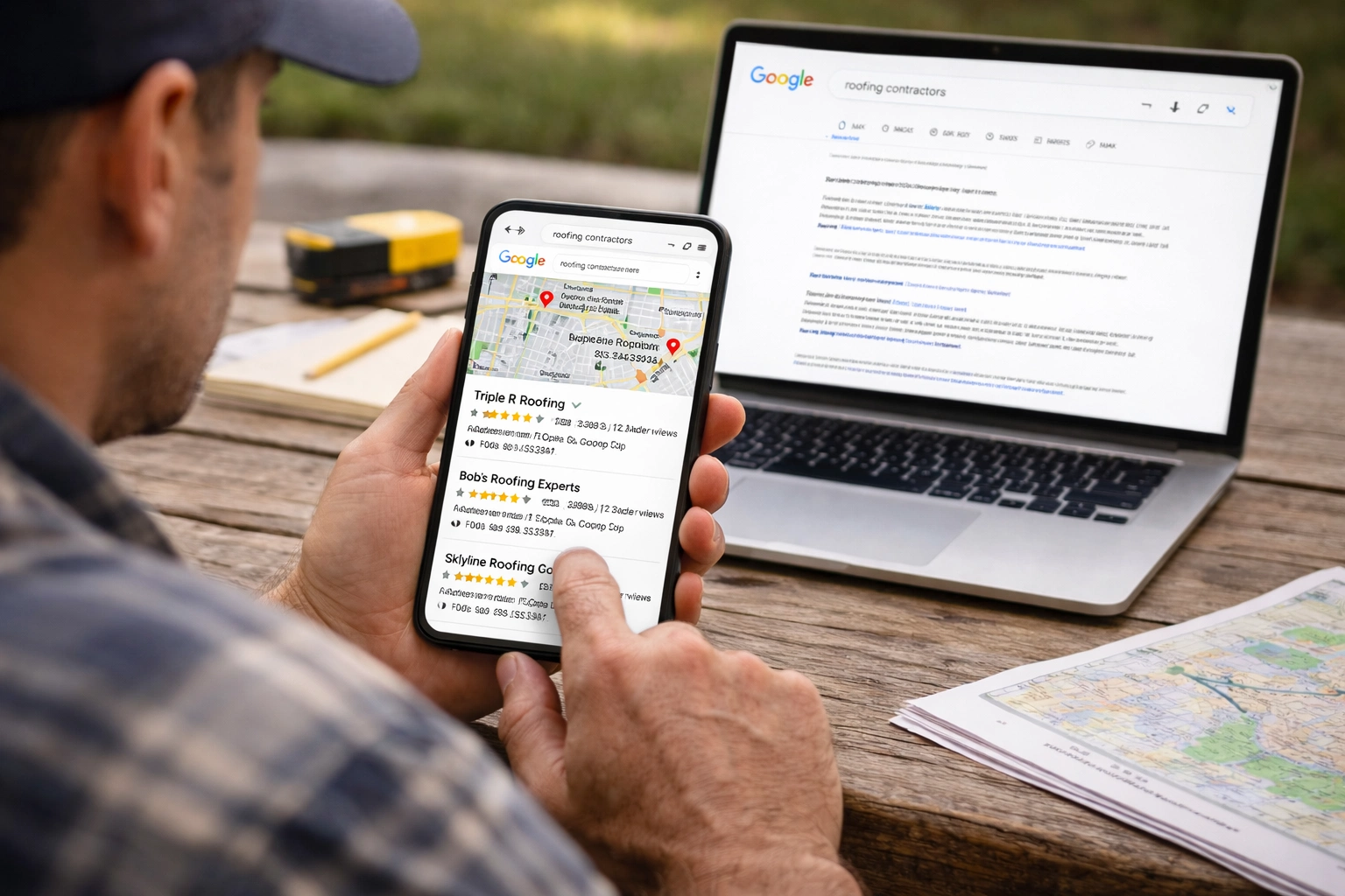 Contractor checking Google map results on mobile and laptop
