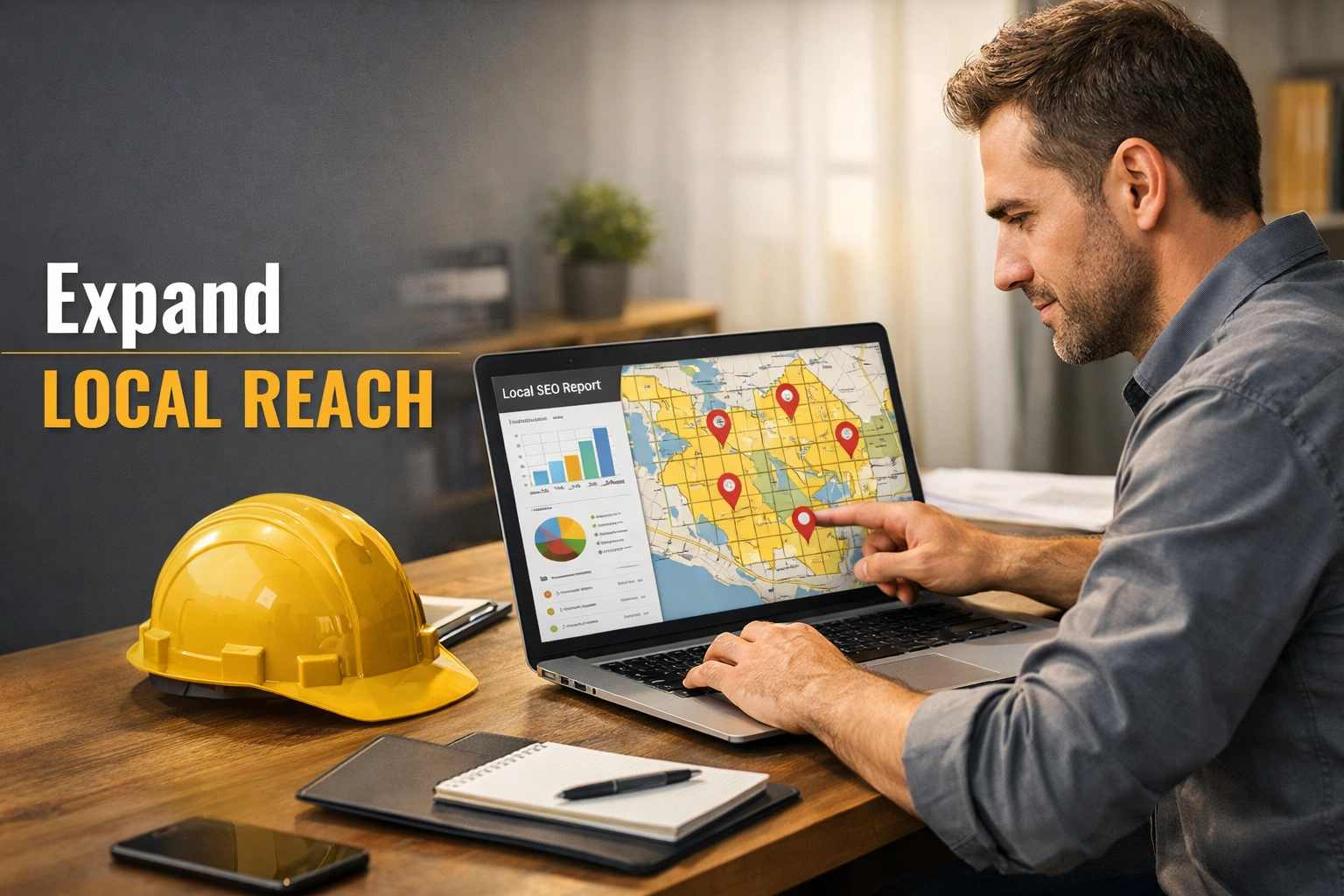 Contractor analyzing local SEO map expansion on laptop