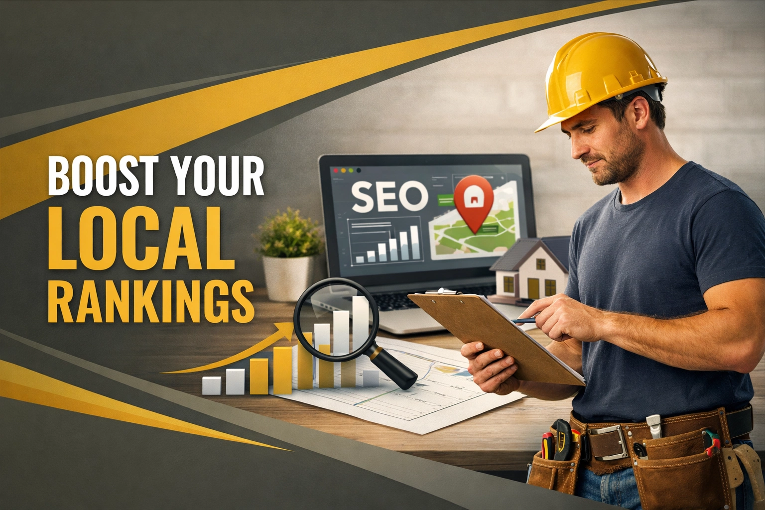 Contractor analyzing local SEO rankings growth on laptop