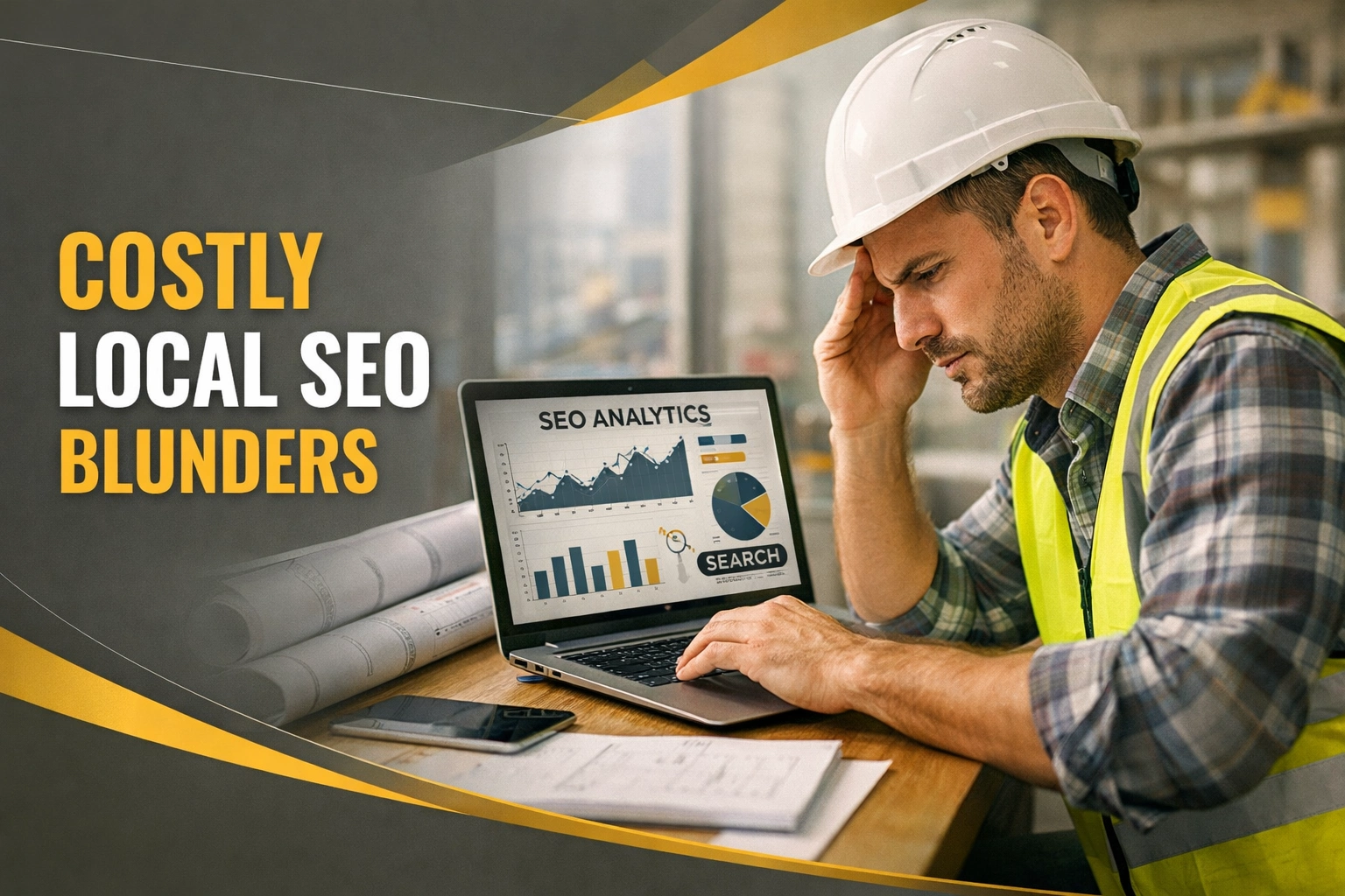 Contractor reviewing SEO analytics showing local SEO errors and mistakes