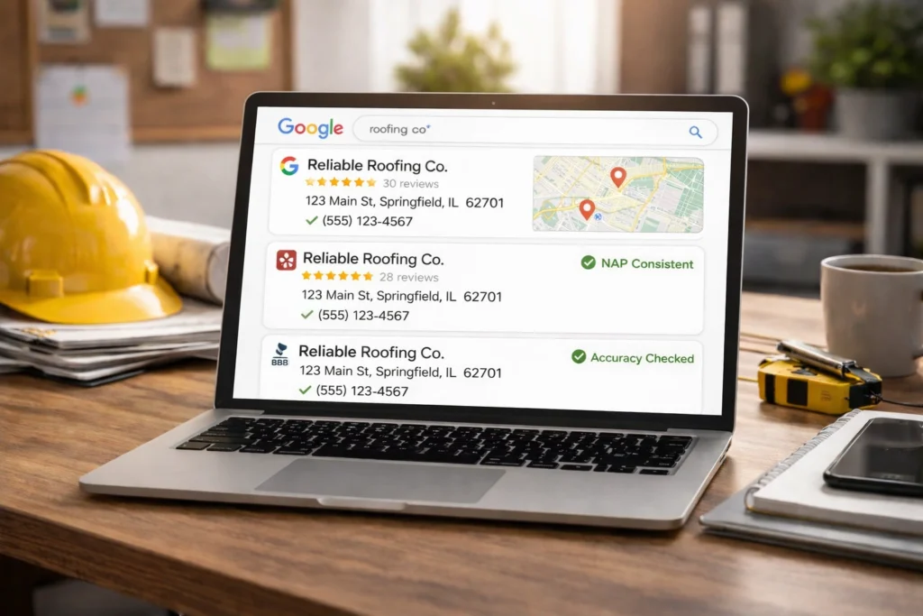 Google search results showing consistent roofing business NAP listings