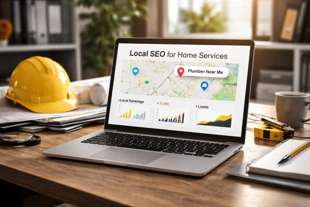 Laptop displaying local SEO dashboard for home services