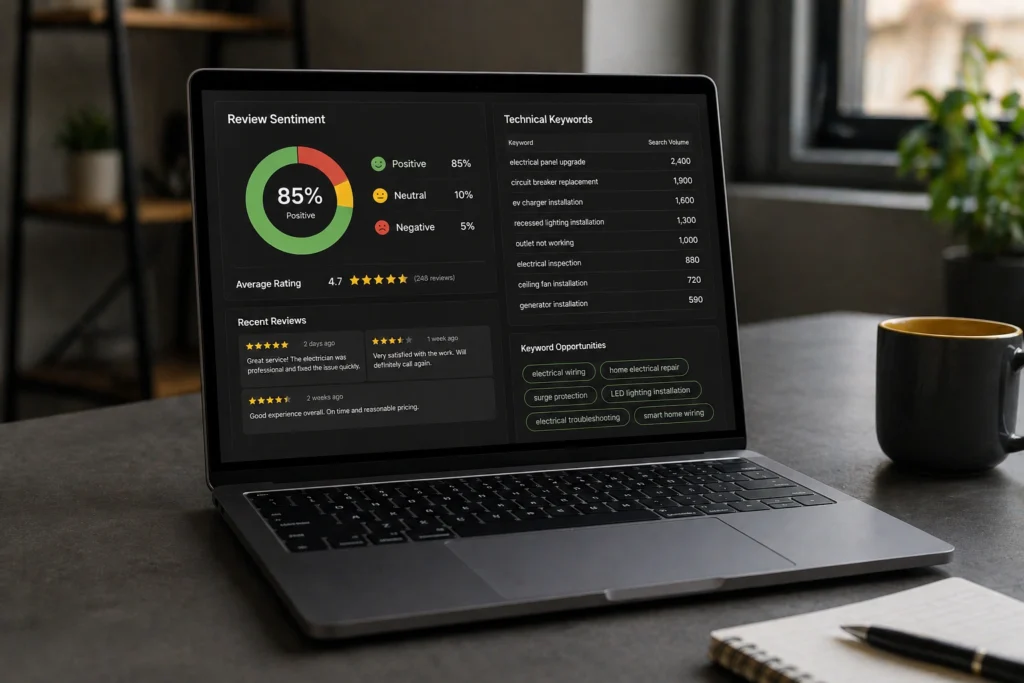 Laptop showing SEO analytics dashboard with review sentiment and keywords data