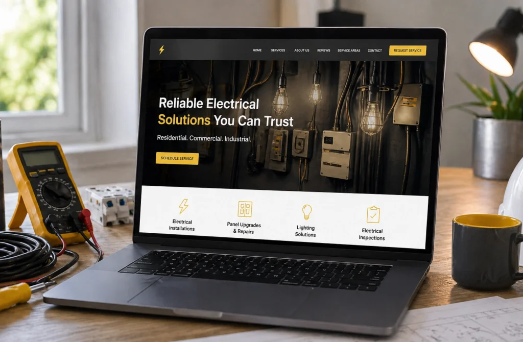 Laptop showing electrical service website with tools on desk