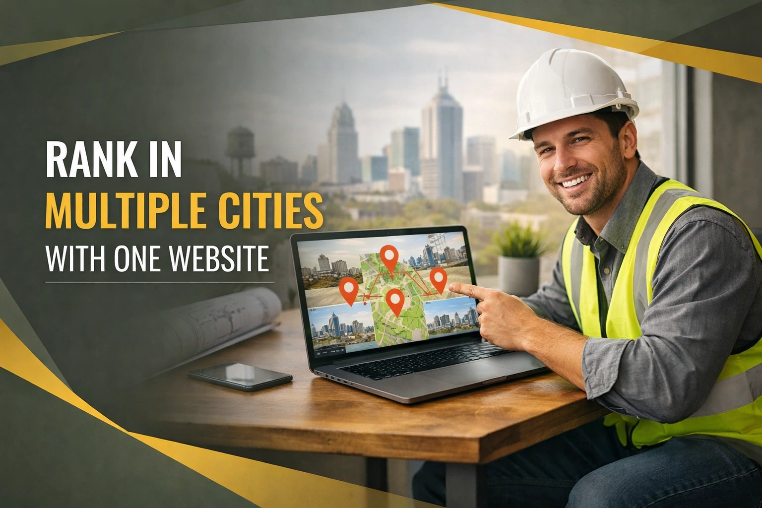 Rank in multiple cities contractor SEO concept visual