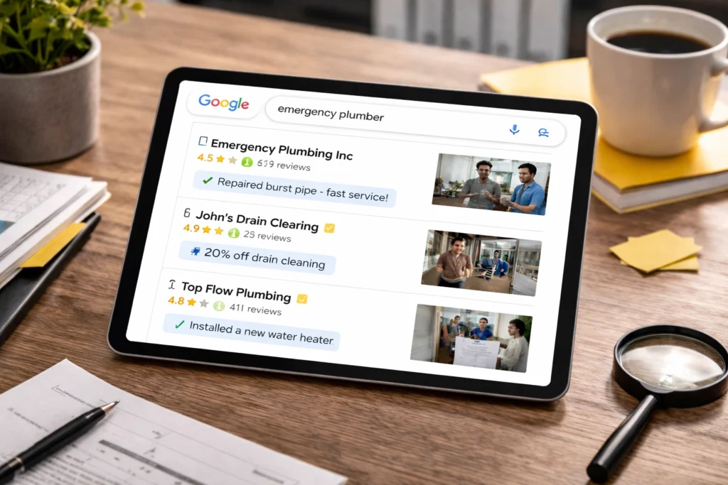Tablet showing local plumber search results with reviews