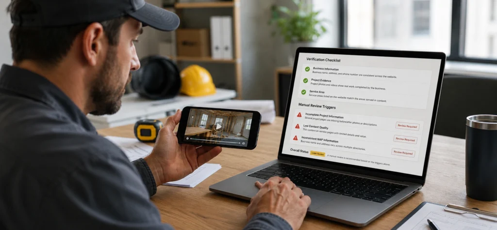 Contractor reviewing GBP video verification checklist on laptop and using mobile device for video filming