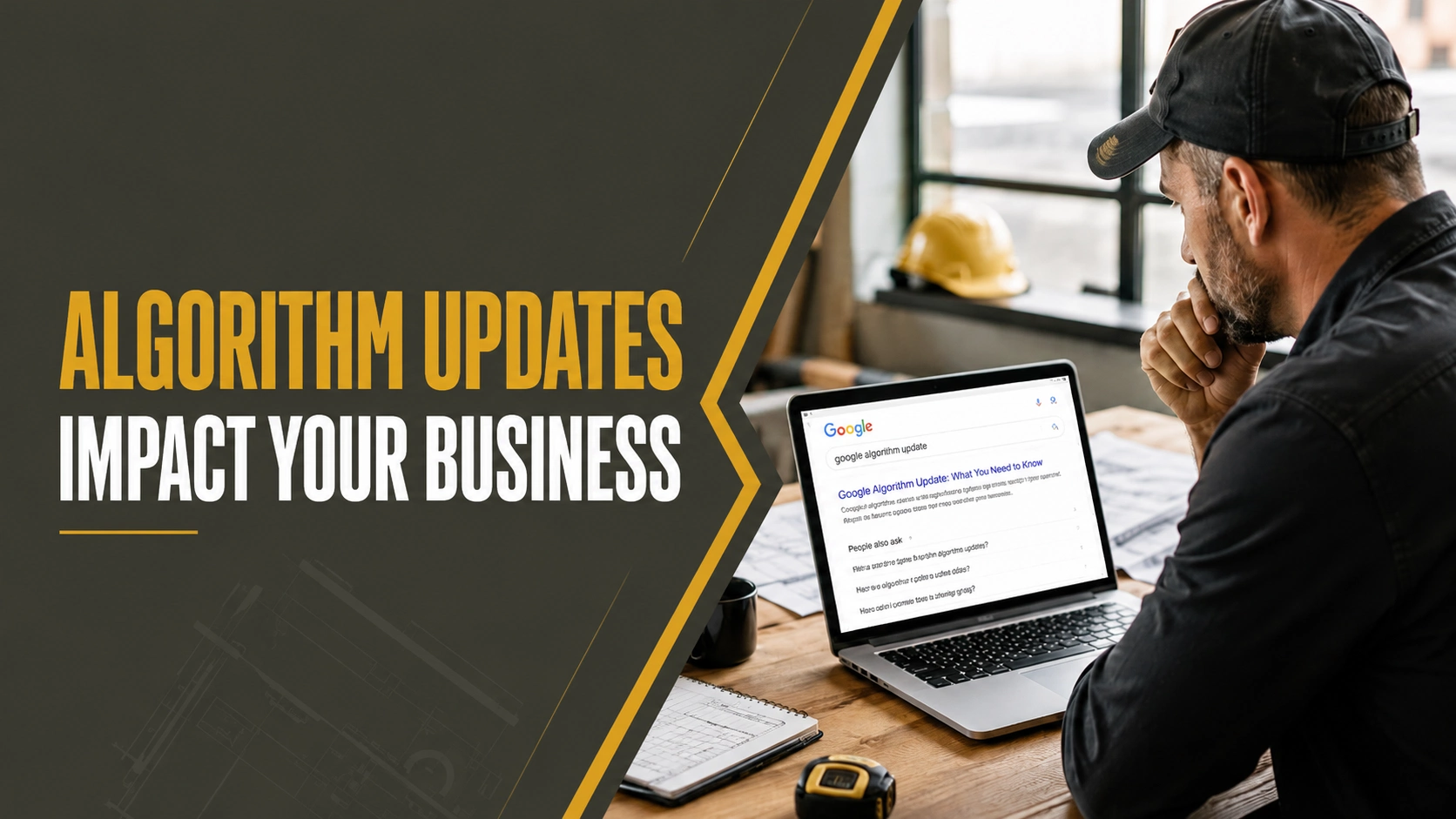 Contractor reviewing Google algorithm updates and search ranking changes on laptop in modern construction office