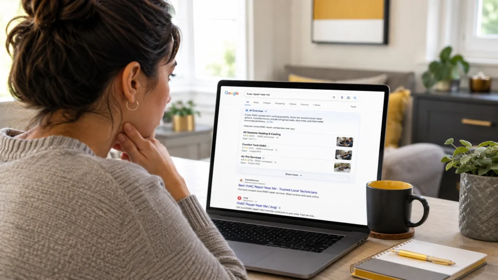 Homeowner searching HVAC repair near me with Google AI overview results