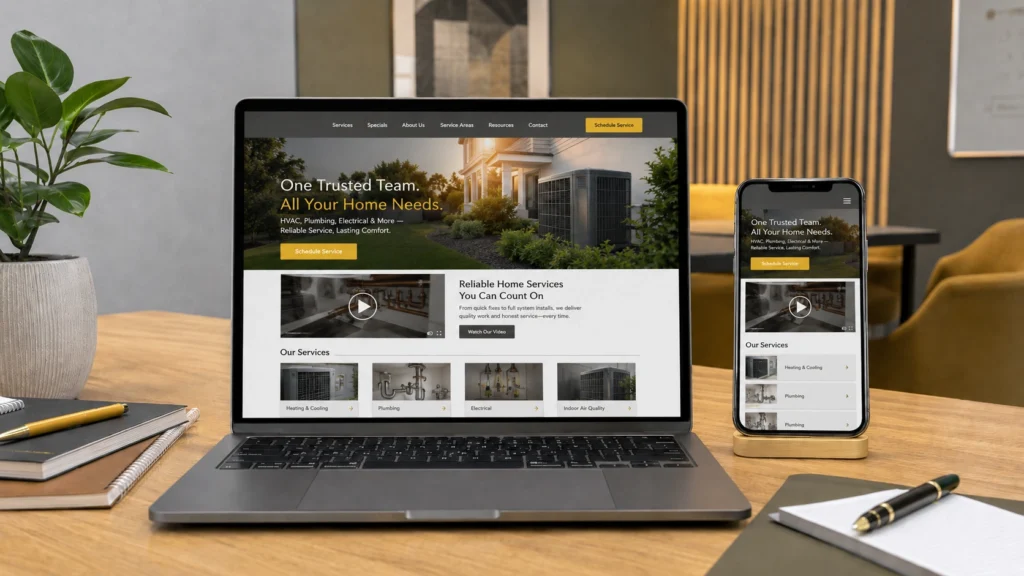 Mobile friendly home service website with visual and video content on laptop and phone