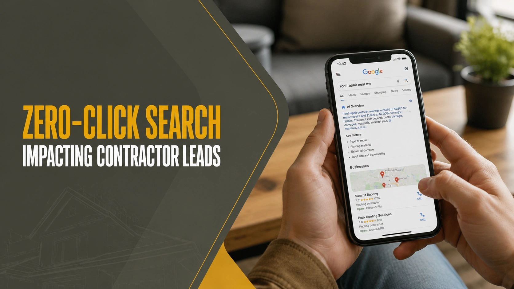 Zero click search results for roofing contractors displayed on mobile phone impacting contractor lead generation