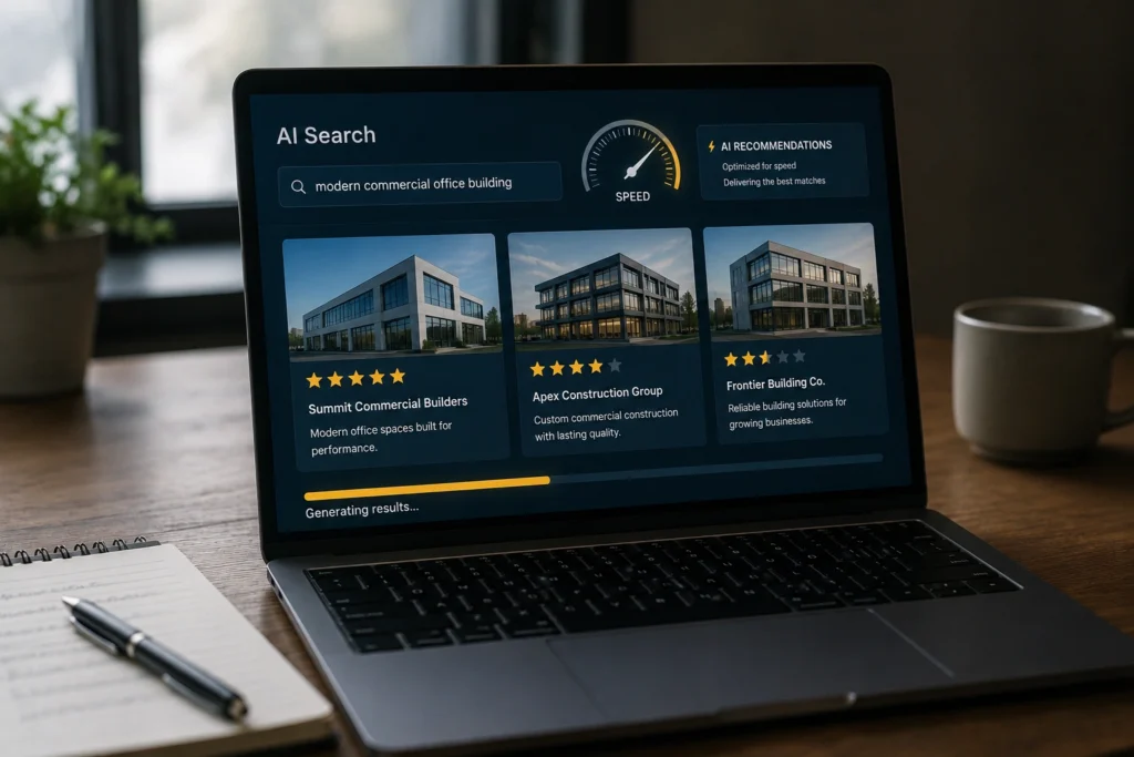AI search interface displaying recommended commercial construction companies on a laptop, illustrating how website speed influences AI-generated search results