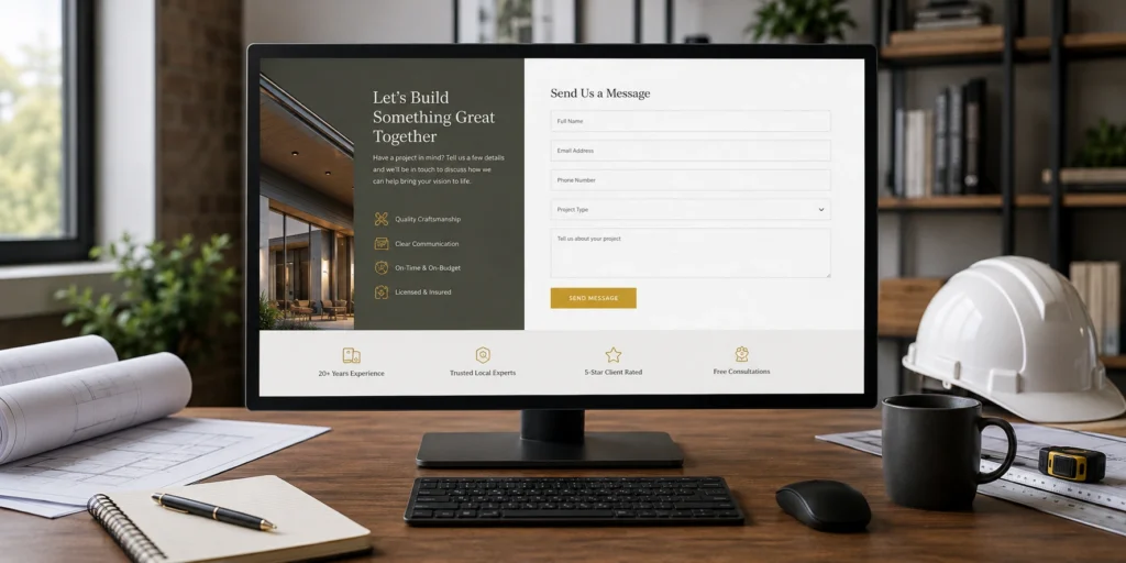 Construction company contact form displayed on desktop monitor