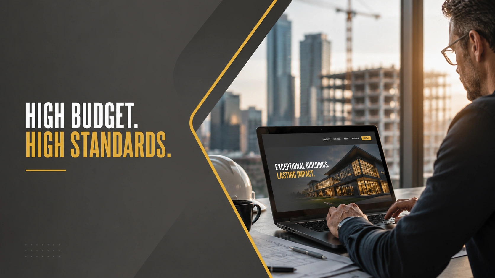 Construction executive reviewing a premium construction company website on a laptop with a city skyline and active building projects in the background