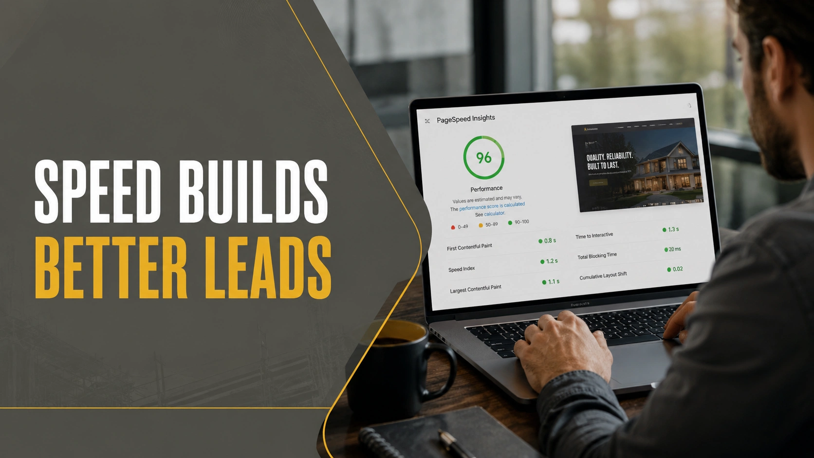 Construction marketing professional reviewing a high-scoring PageSpeed Insights report on a laptop, highlighting website speed and lead generation performance