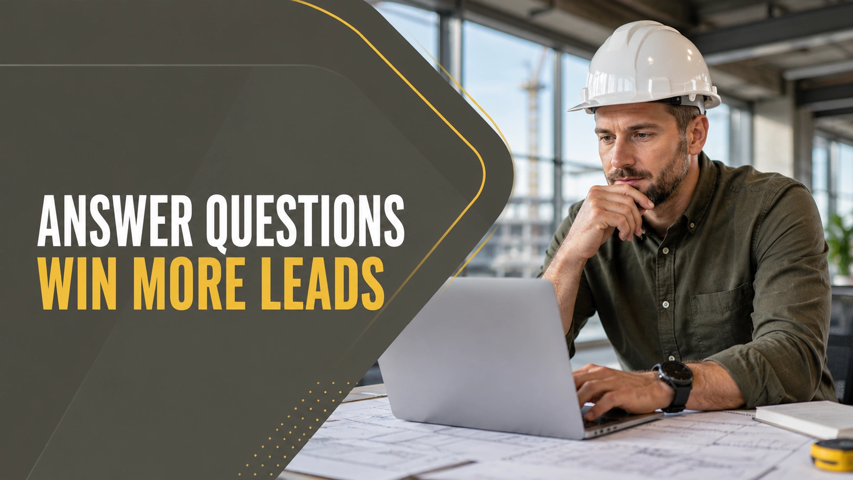 Construction professional researching contractor website FAQs on a laptop to improve SEO and generate more qualified leads