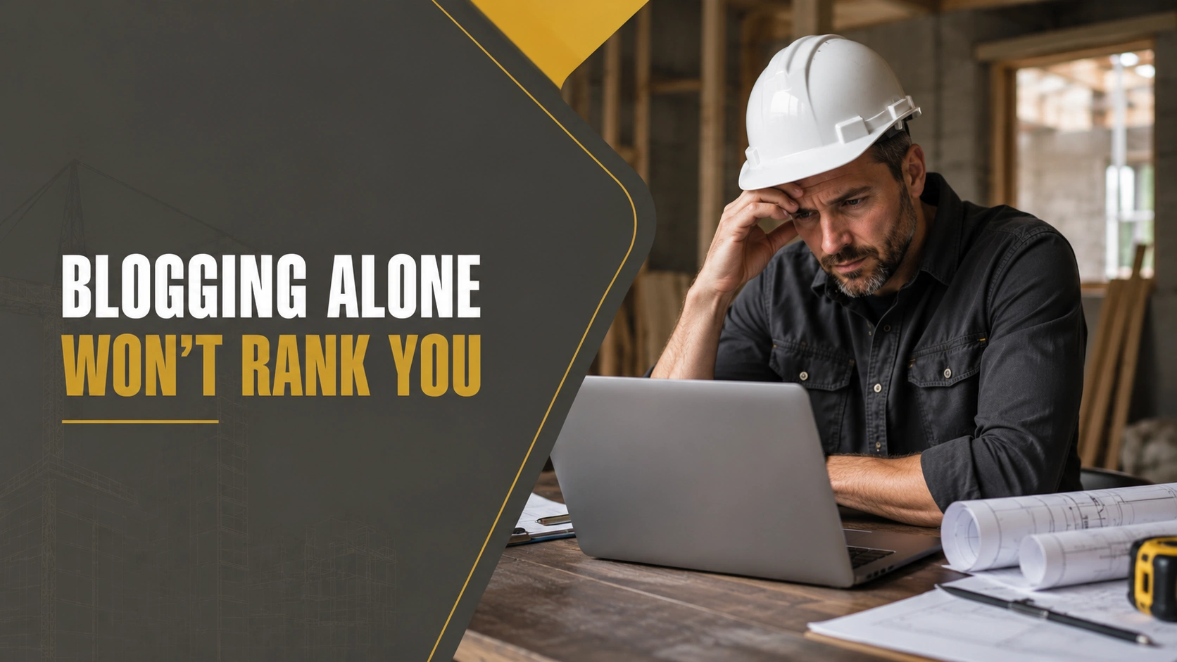 Construction professional reviewing SEO blog performance on a laptop at a jobsite office