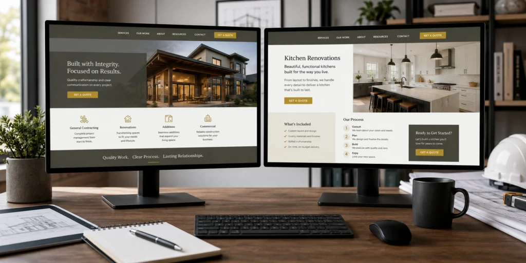Construction website homepage beside detailed service page
