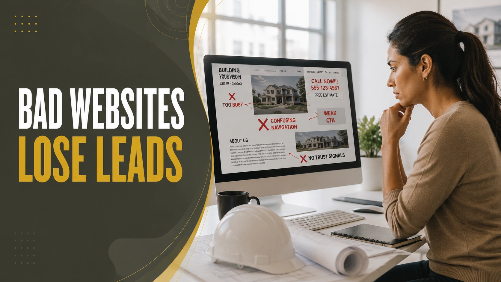 Contractor evaluating construction website design mistakes including weak calls to action, poor navigation, and missing trust signals