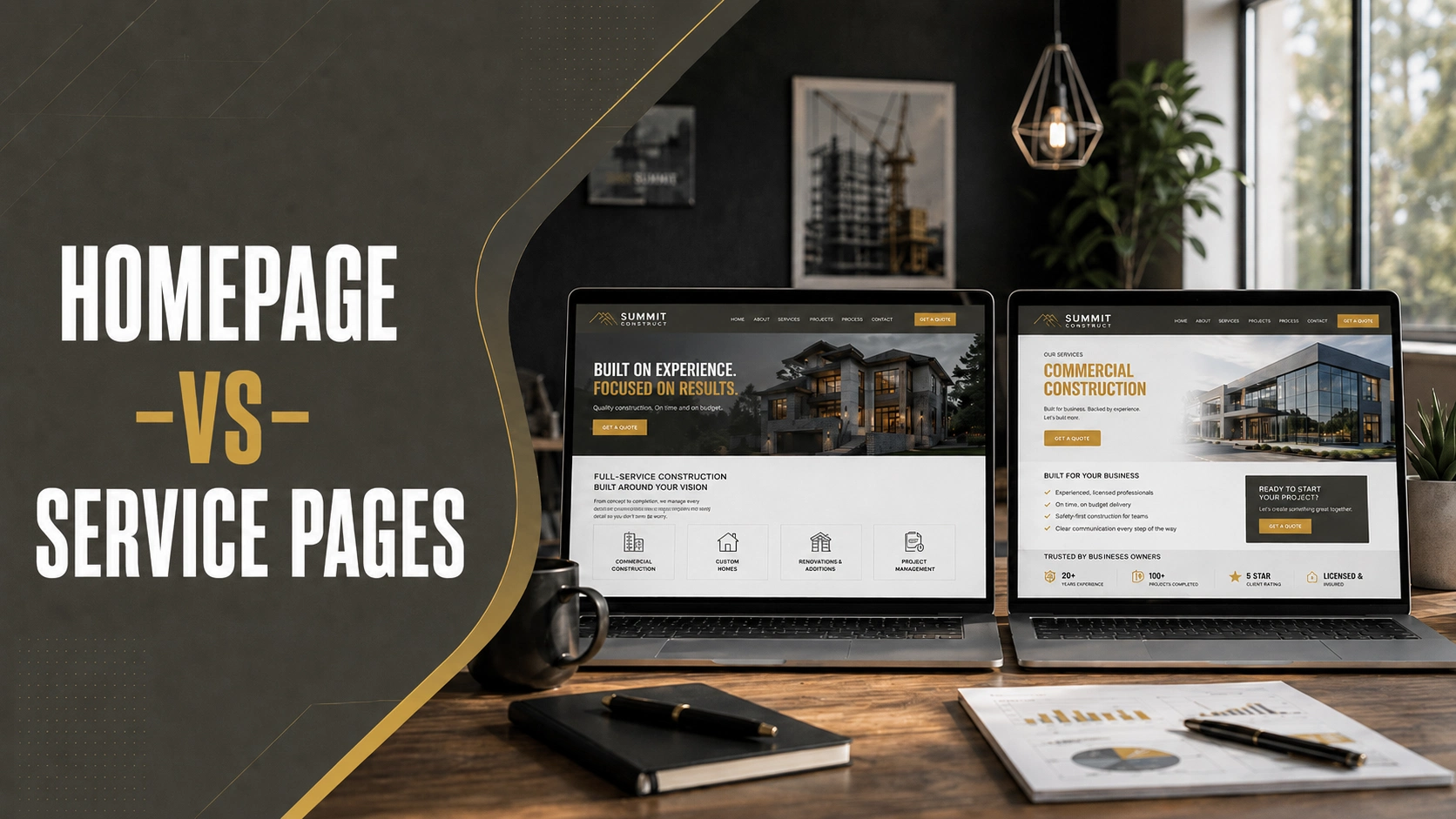 Contractor homepage and service page comparison on laptops