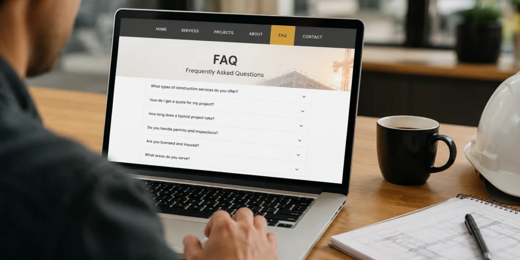 Contractor reviewing a construction company FAQ page on a laptop featuring common customer questions and answers
