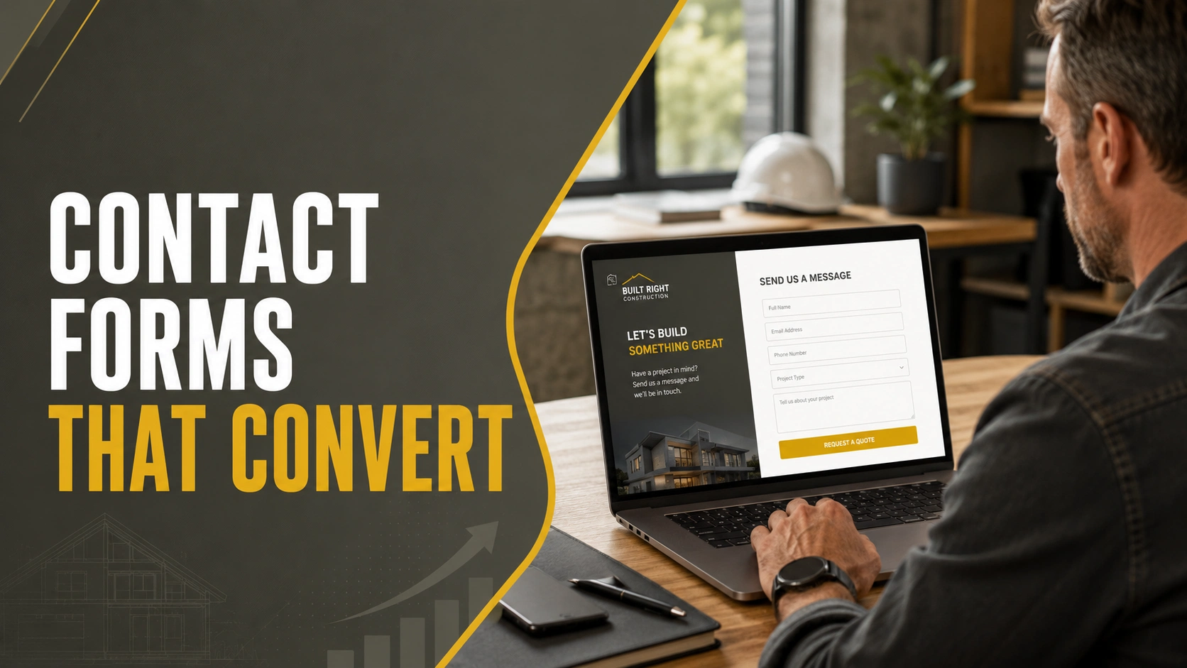 Contractor reviewing a website contact form on a laptop