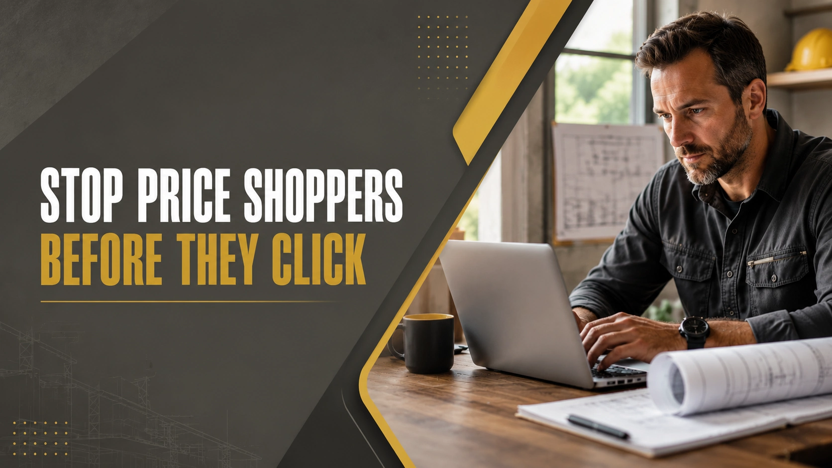 Contractor reviewing marketing strategies on a laptop to attract better construction leads