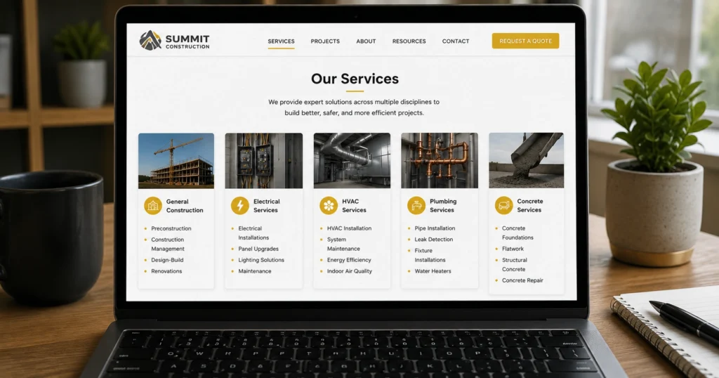 Laptop displaying a contractor services webpage with construction, electrical, HVAC, plumbing, and concrete service categories