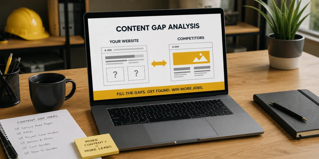 Laptop showing a website content gap analysis comparing contractor website content with competitor pages