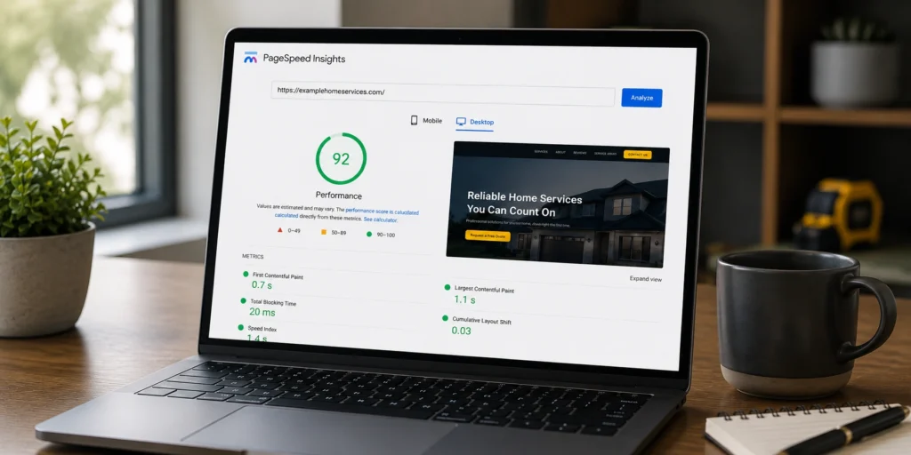 PageSpeed Insights report showing a high performance score for a home services website on a laptop in a professional office workspace