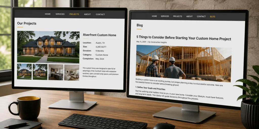 Comparison of project page and blog post on a contractor website displayed on dual desktop monitors