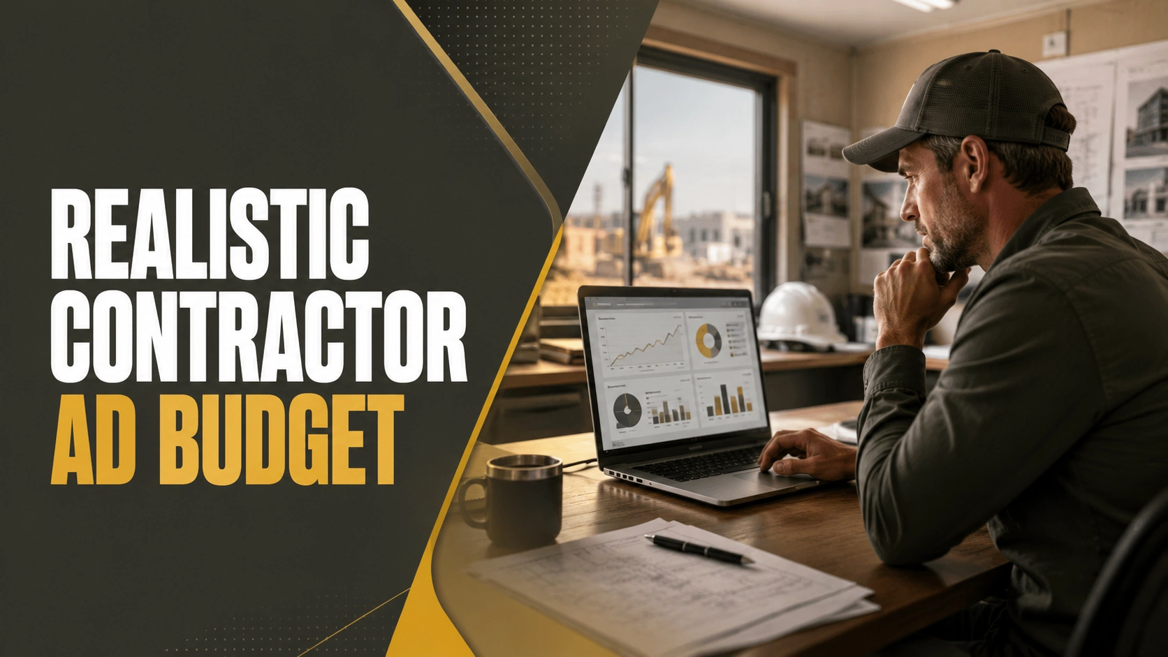 Contractor analyzing home service advertising budget and lead performance on a laptop