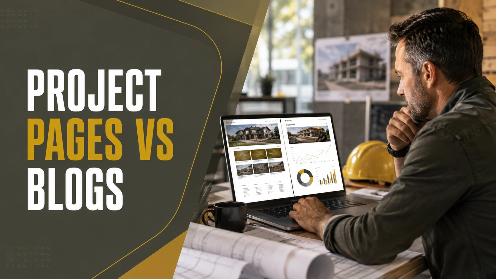 Contractor analyzing project pages vs blog posts on a contractor website to improve SEO performance