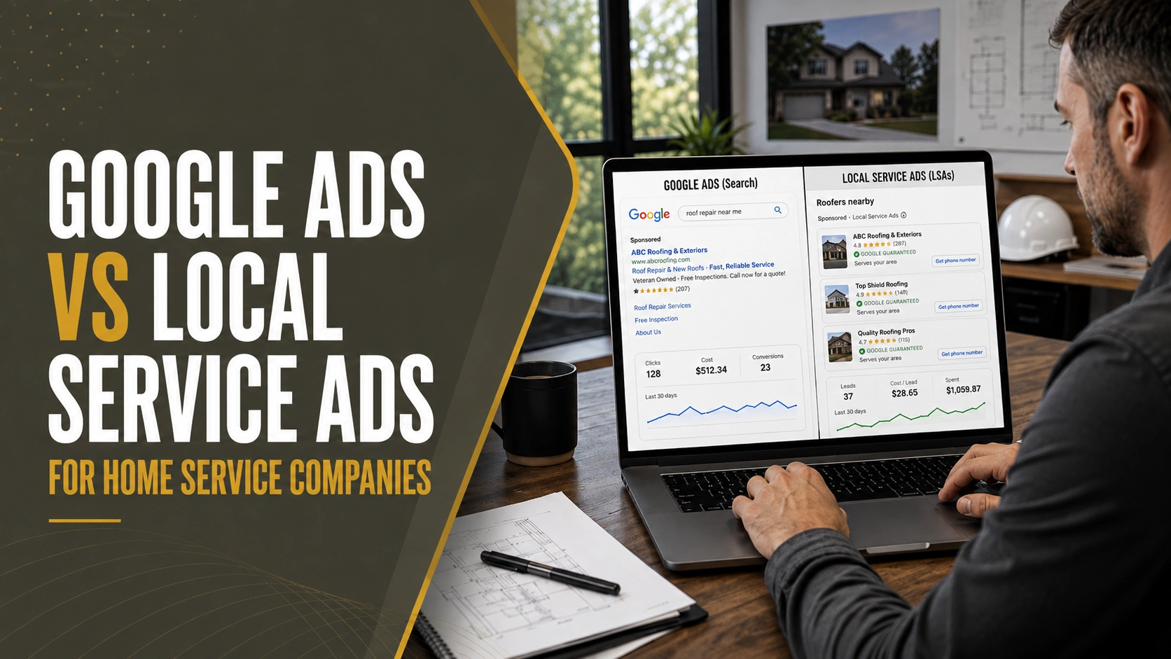 Contractor comparing Google Ads and Local Service Ads for home service companies using performance dashboards on a laptop