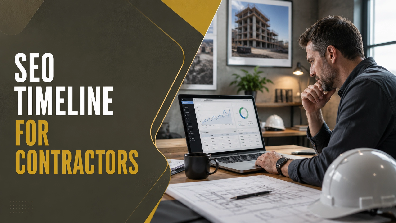 Contractor reviewing SEO performance dashboard on laptop