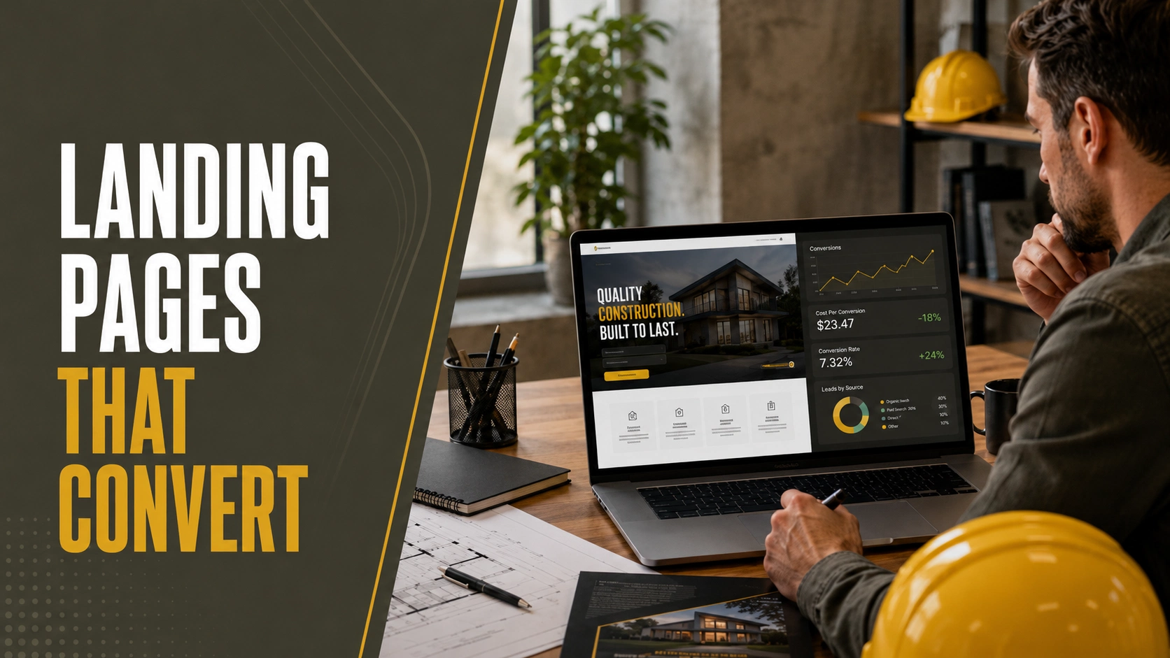 Contractor reviewing a high-converting construction ad landing page and marketing performance dashboard on a laptop, showcasing lead generation and conversion analytics