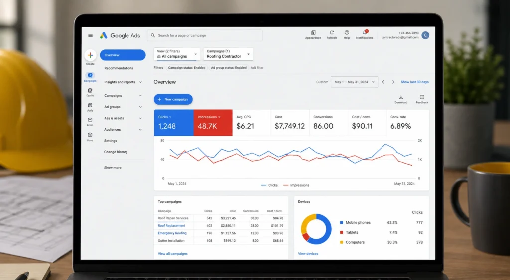 Google Ads dashboard showing sample contractor Google Ads campaign performance on a laptop monitor